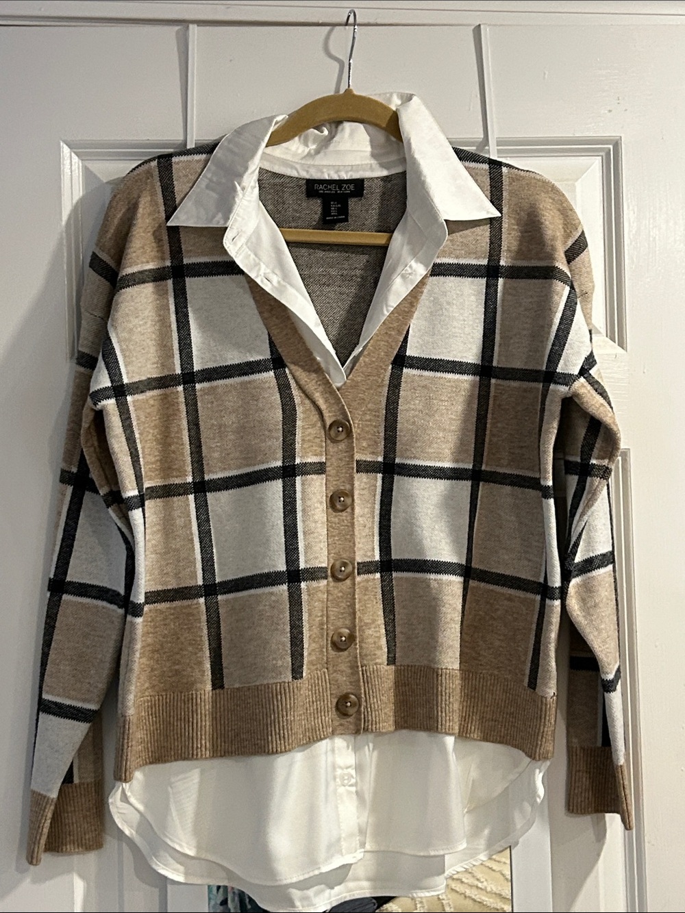 Rachel Zoe Beige Plaid Button-Front Women's Sweater Cardigan